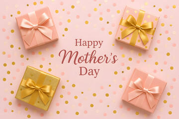 Flat lay of wrapped gifts and gold confetti with “Happy Mother’s Day” message, festive and elegant composition for celebration