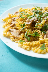 Italian pasta with creamy mushrooms and parsley on white plate in close-up