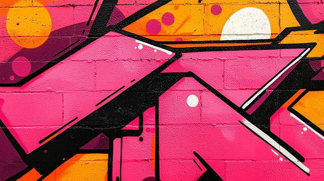 Fototapeta Vibrant urban artwork featuring dynamic pink and orange graffiti on brick facade