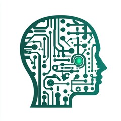 Symbolic Image of a Human Profile with a Complex Circuit Board Design in Green on a White Background