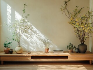 A wooden table with a vase of flowers on it. There are several potted plants on the table
