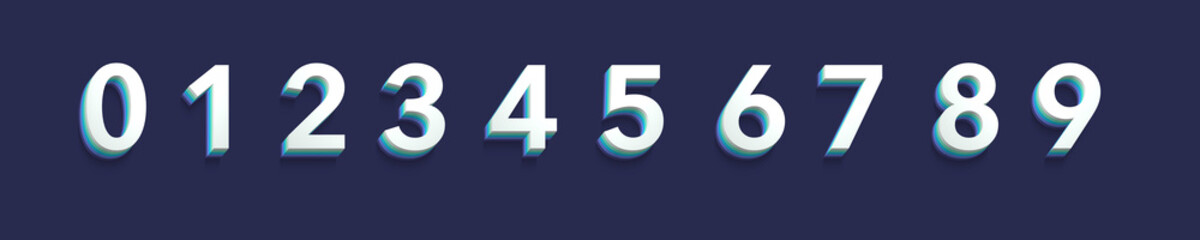set of 3d white numbers on blue background, one, two, three, four, five, six, seven, eight, nine, zero