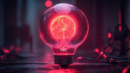 Close-up of a red glowing light bulb in a dark setting emitting an ominous and mysterious atmosphere, creativity new idea content