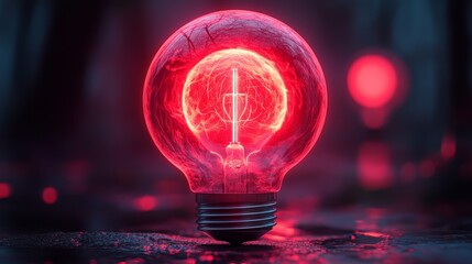 Close-up of a red glowing light bulb in a dark setting emitting an ominous and mysterious atmosphere, creativity new idea content