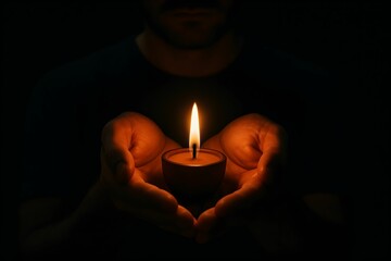 Holding a candle with hands illuminated in darkness during a quiet moment of reflection