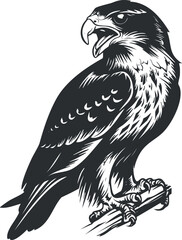 Obraz premium Stylized black and white illustration of a hawk perched with an open beak.