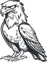 Obraz premium Stylized black and white illustration of a fierce hawk with detailed feathers and sharp eyes.