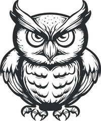 Fototapeta premium Illustration of a stylized owl in black and white with intricate details and sharp features.