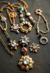 collection of jewelry is displayed on a table