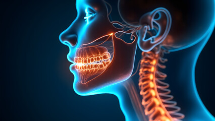 A translucent hyoid glowing aquamarine/copper with throat anatomy. Ideal for speech pathology or forensic anthropology.