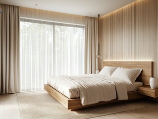 A bedroom with a wooden bed and white curtains. The bed is covered with a white sheet. There is a rug on the floor