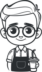 Fototapeta premium A cheerful cartoon boy with glasses holding a beverage in a stylish outfit.