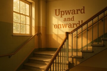 Obraz premium Sunlit school staircase with inspirational message 