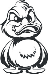 Stylized cartoon duck character with a humorous expression and playful demeanor in black and white.