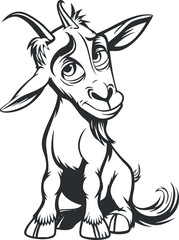 A playful cartoon illustration of a friendly goat character in black and white.