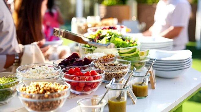 Healthy Salad Bar Buffet Food Catering Table at Outdoor Event: Guests choose fresh ingredients for vibrant meal. Summer party concept video 4k.