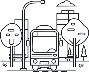 Fototapeta premium A simple line art illustration of a bus stop in an urban environment with trees and buildings.