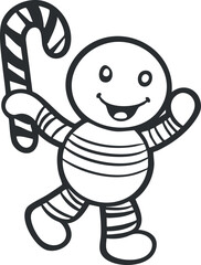 Obraz premium A cheerful gingerbread character holding a candy cane, perfect for holiday illustrations and children's activities.