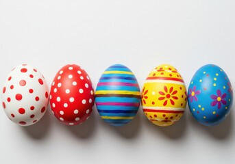 Fototapeta premium Six vibrantly patterned Easter eggs on white background