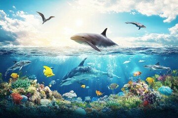 Obraz premium Dolphin in Ocean with Coral Reef and Flying Reptile