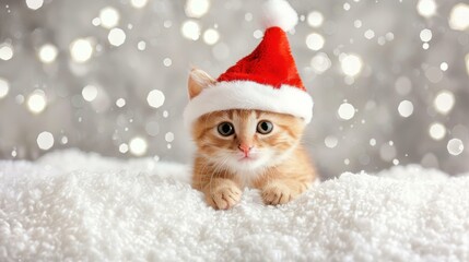 Adorable red kitten poses in a festive winter setting, surrounded by Christmas decorations, capturing the holiday spirit.