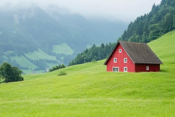 Red House in Green Hillside Scenery