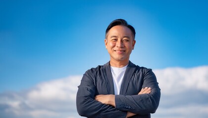 青空を背景に、40代の男性ビジネスマンがリラックスした姿勢で腕を組み、落ち着いた表情で自信を持ってカメラを見つめるシンプルで成熟したクローズアップ。自信に満ちた表情が印象的。

