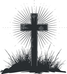 A stylized cross surrounded by rays of light and grass, symbolizing faith and spirituality.
