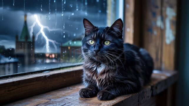 Sleek Black Cat Gazes at Lightning Storm From a Cozy Window Sill - Powered by Adobe