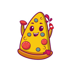 Cute cartoon pizza slice character with vibrant colors, holding a sauce bottle and smiling joyfully. Perfect for food-themed illustrations or children’s designs.