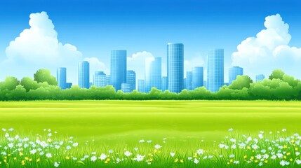 Cityscape, lush green field, clear sky, peaceful scene, perfect for desktop wallpaper