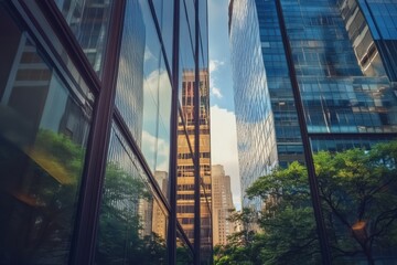 Skyscrapers Reflecting Sky and Trees, Urban Architecture, Modern Buildings with Glass Facades, Daytime Cityscape