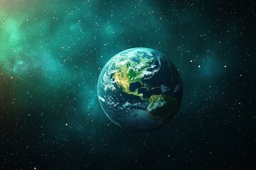 Earth in Space with Stars and Green Nebula