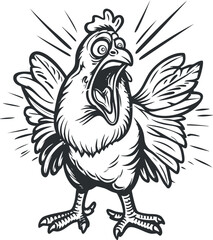 Naklejka premium A cartoon chicken screaming with wings spread wide in an expressive and humorous style.