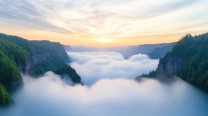 Obraz premium Majestic sunrise over a valley shrouded in mist, with towering forested mountains. Misty valley, panoramic view, golden sunrise, ethereal landscape, tranquil scene, nature's beauty, morning light,