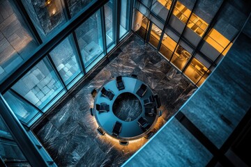 Aerial View of Modern Office Meeting Space with Circular Table and Sleek Design Elements