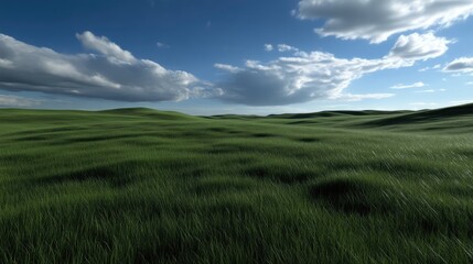 Expansive grassy plain under a partly cloudy sky. Lush green grass blankets rolling hills