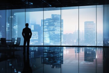 Fototapeta premium Businessman silhouette contemplates urban panorama through large window in modern office reflecting city lights at dusk