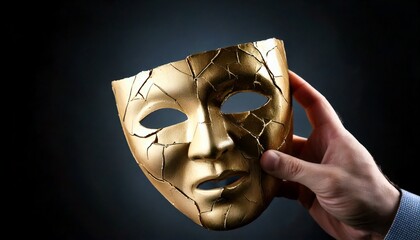 A hand holding a broken mask—revealing the true self beneath.
