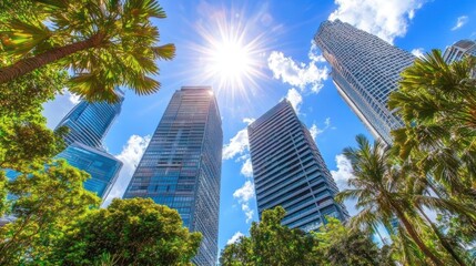 Obraz premium Cityscape with skyscrapers, palm trees, and sunny sky. Low angle view. Ideal for business, travel, or architectural stock photo