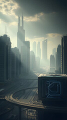 Futuristic Space City with Advanced Architecture and Orbiting Satellites in Deep Space