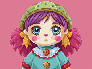 Fototapeta premium A professional vector of a soft vintage rag doll with button eyes and pastel clothes, placed on a solid pink background