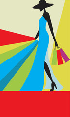 Stylish silhouette of an elegant woman in flowing dress and wide-brimmed hat, illustrated in a bold, minimalistic art style.