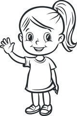 A cheerful cartoon girl waving with a smile, perfect for children's illustrations and designs.