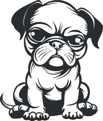 Fototapeta premium A cute illustrated pug dog sitting with a playful expression in black and white style.