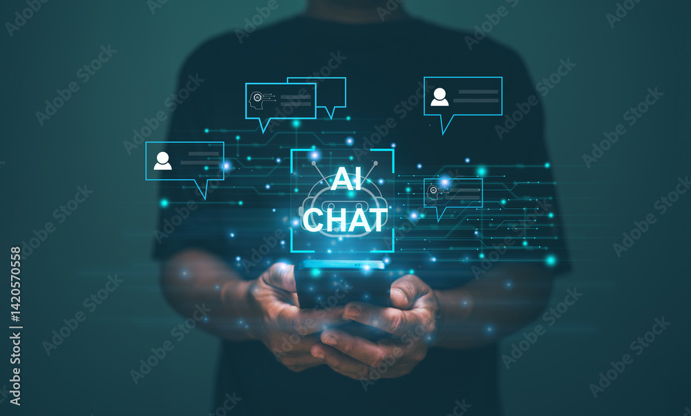 Aufkleber Ai chat conversation, Artificial intelligence technology. Command prompt for generate something. .Technology for customer communication. Businessman using smartphone for chat with Ai Chat bot.