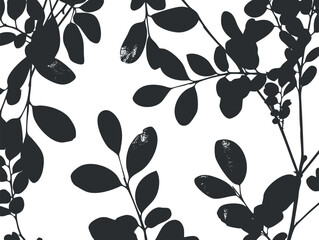 Black silhouette leaves pattern on a white background ideal for modern decor and design.