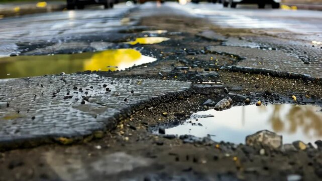 A poorly maintained street riddled with deep potholes showcases deteriorating infrastructure and road hazards, Ai Generated.