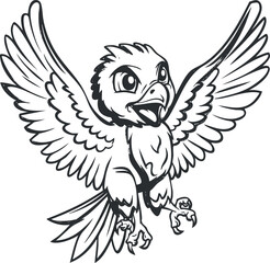 Obraz premium A stylized illustration of a soaring bird with wings spread wide in black and white.