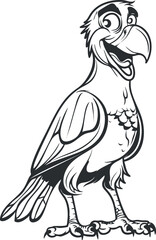 Fototapeta premium Playful cartoon vulture character with a silly expression and exaggerated features in black and white.
